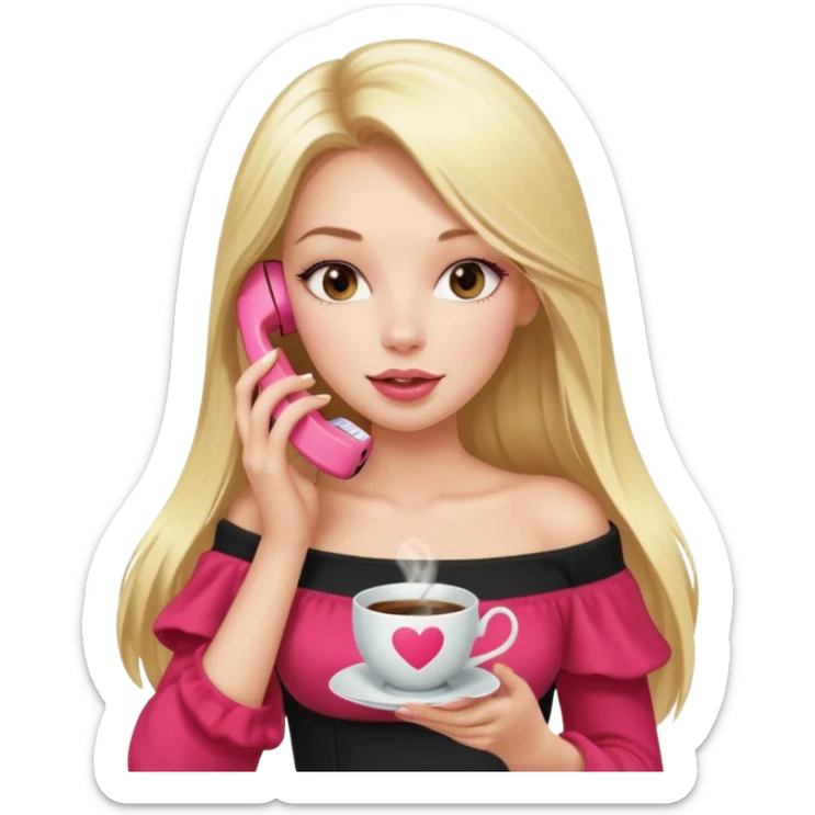 exaggerated features of woman with straight long blond hair, gossiping on a pink analogue phone, holding a tea cup, wearing an off-shoulder black top, red face sticker