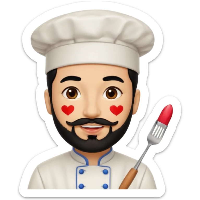 CHEF CON PELO NEGRO Y BARBA NEGRA, OJOS MARRON OSCURO. SONRIE Y TIENE MARCAS DE BESOS CON PINTALABIOS EN FORMA DE LABIOS sticker