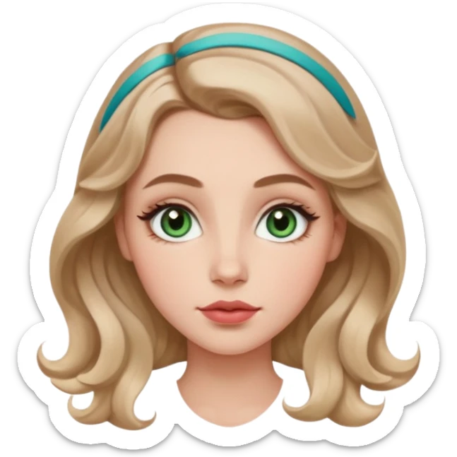 Generate an emoji of a white girl with a round face structure, light brown almost blonde loose curls, large forehead, brown arched brows, almond big green eyes with a lil blue in them, large rosy cheekbones and big rosy lips and a jawline sticker