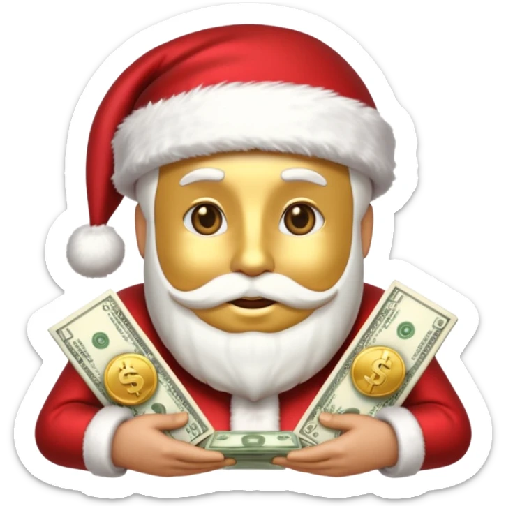 A confident rich emoji face wearing a Santa hat, money stacks, casino vibe, New Year theme, premium 3D emoji style, sharp details, no t sticker
