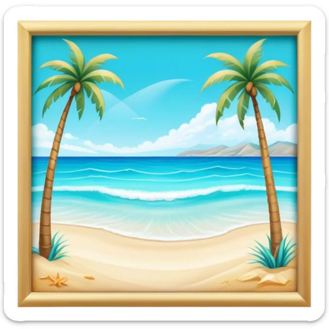 Cinematic Realistic Pristine Crystal-Clear Water Beach Emoji in a wooden frame, Sunny and radiant, with soft golden sand stretching endlessly, gently lapping waves of crystal-clear turquoise water washing onto the shore. The water is so transparent it reveals the shimmering seabed below, creating an idyllic, pristine setting. Above, the sky is a vivid blue, with a few gentle wisps of clouds. Palm trees sway gracefully in the warm breeze, their reflections mirrored in the water. Soft glowing outline, capturing the essence of a peaceful, serene beach paradise where every element gleams with natural beauty. sticker