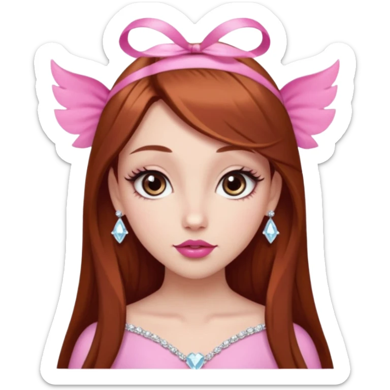 girl with fair skin, long straight reddish brown hair, big brown almond eyes, long eyelashes, thick dark eyebrows, straight nose, full pink lips with cupids bow, diamond face shape, clean girl aesthetic sticker