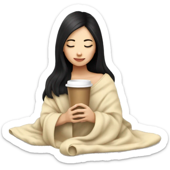 Asian girl inside a blanket sipping coffee eyes closed black hair sticker