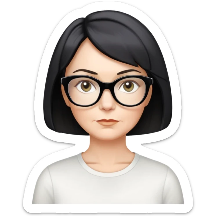 white woman, about 50 years old, light warm skin, short black bob haircut with slight waves at ends, neutral-determined expression, large black shiny butterfly or cat-eye glasses, white casual t-shirt, calm and creative energy sticker