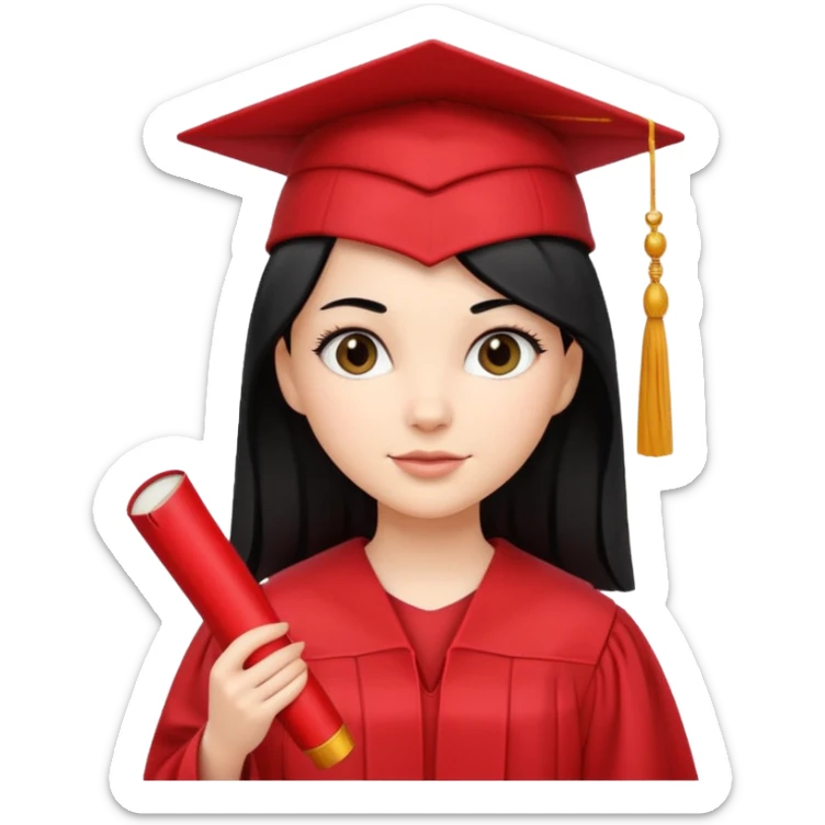 white girl with straight black hair in a red graduation cap and gown, holding diploma sticker