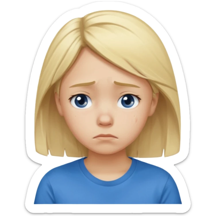 Young girl with blonde hair and a blue T-shirt, looking sad and discouraged sticker
