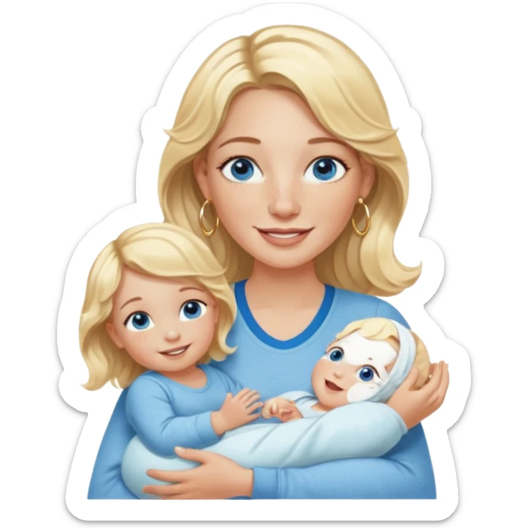 Wavy blonde, white woman with blue eyes, freckles hoop earrings, holding babies smiling and really cute in gold hoops she needs to be holding three newborns, and she needs to be more cute than pretty sticker
