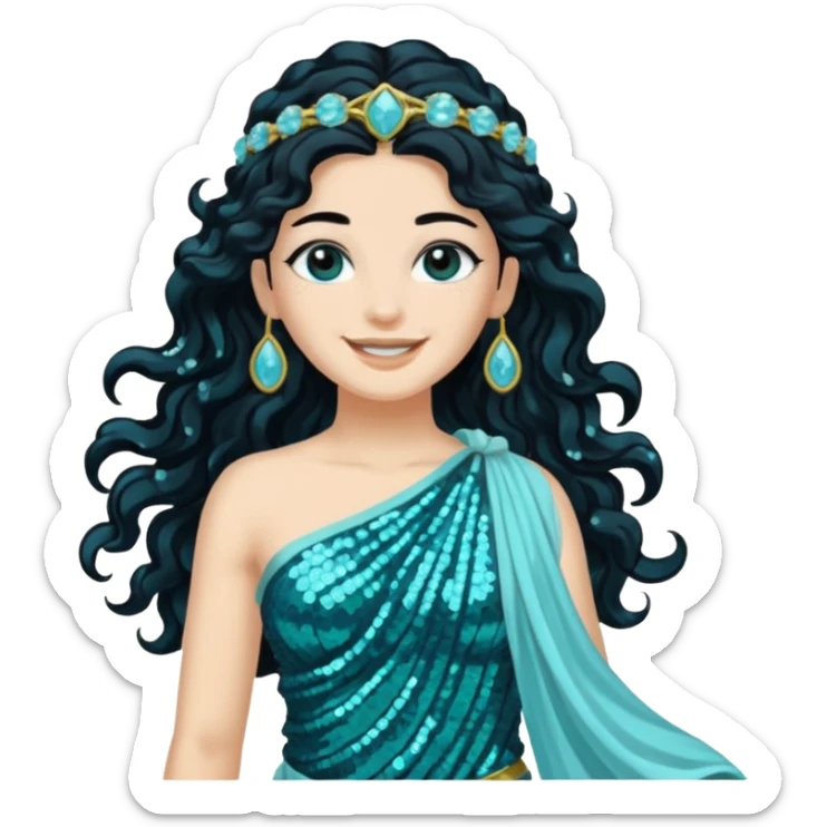 Salacia, Goddess of Seawater from Roman Deities with long jet black wavy hair, aquamarine sequin toga  sticker