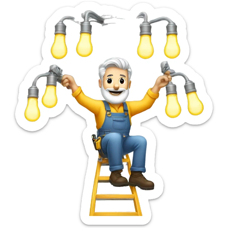 Gray hair bearded handyman on ladder changing lightbulbs on a chandelier  sticker