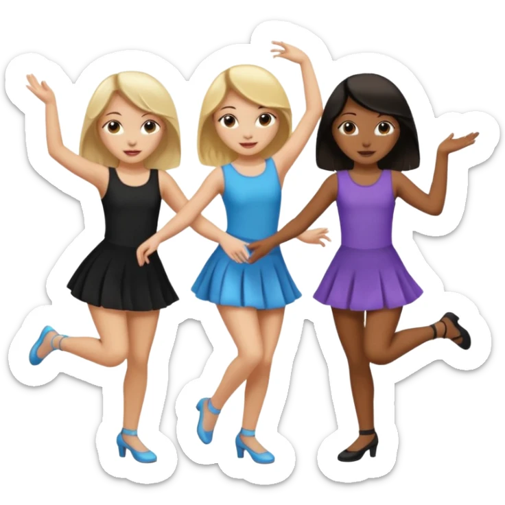 Emoji of 3 Girls dancing ONE with blonde hair, one tan skin with brown hair and one with black  hair ONLY ONE IS BLONDE sticker