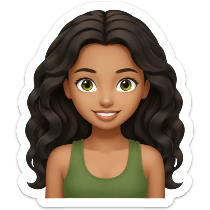 a pretty bratz brown girl with long wavy black color hair, brown eyes and green tank who is smiling sticker