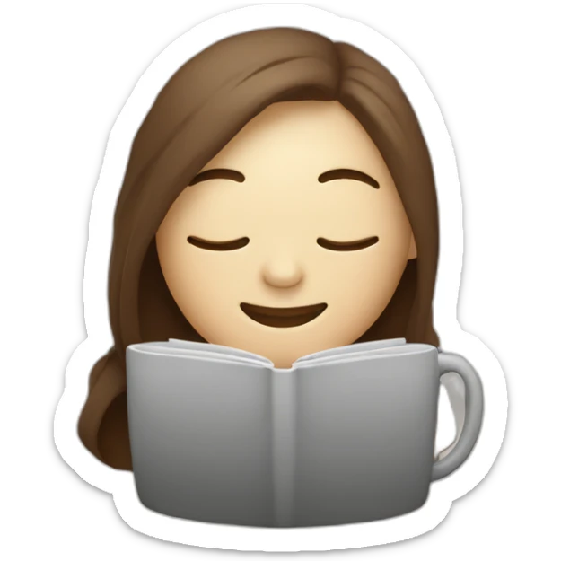 eyes closed smiling woman pale skin middle brown hair holding a laptop and a coffee mug, inside a blanket sticker
