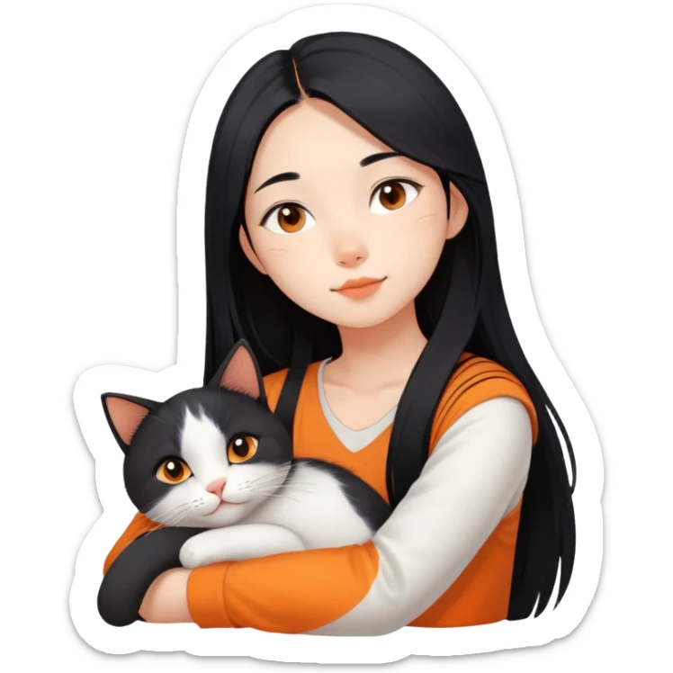 Asian girl with long black hair and the cat is lying on her shoulder, cat is mostly white with orange markings, tender moment sticker