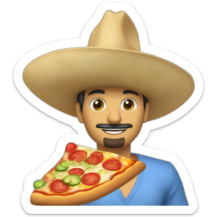 Homme mexicain avec un chapeau bleu, rouge et vert entrain de manger une pizza sur un bateau avec un perroquet sur son épaule sticker