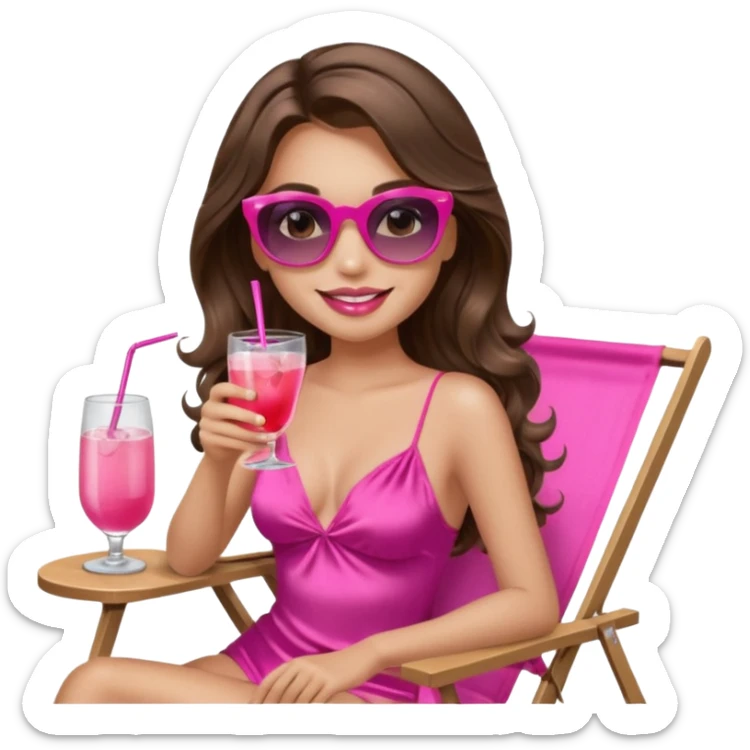 girl with long wavy brown hair, brown eyes, long lashes makeup, sexy pink lips, smiling, light to medium complexion, wearing a pink sexy silk top, relaxing in a beach chair, wearing black sunglasses, holding a drink, palm trees  sticker