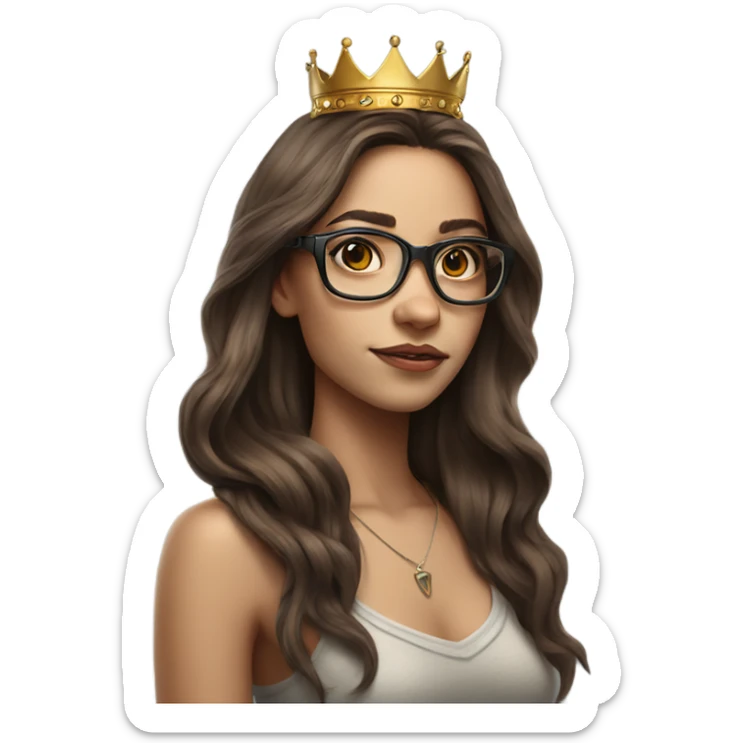 Hyperrealistic girl with long brown hair wearing a crown and glasses tattoos  sticker
