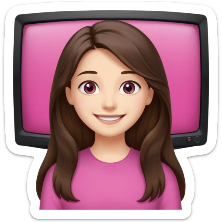 happy long haired brunette girl hazel eyes in pink watching tv sticker