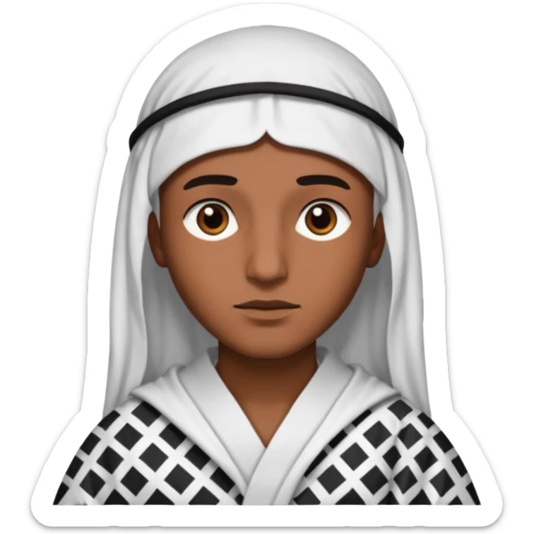 Una persona morena que solo se le vea la cara con una bata de arabe en la cara color blanco con cuadros negros sticker