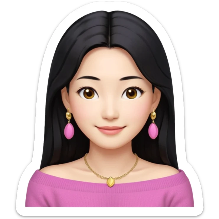 South Korean girl in her mid-thirties with long black hair and a middle part. She is wearing a pink colored, off the shoulder long sleeve knit sweater. She has small gold earrings and a gold necklace. She has brown eyes with narrow, mono lid shape and smiling with lips together sticker