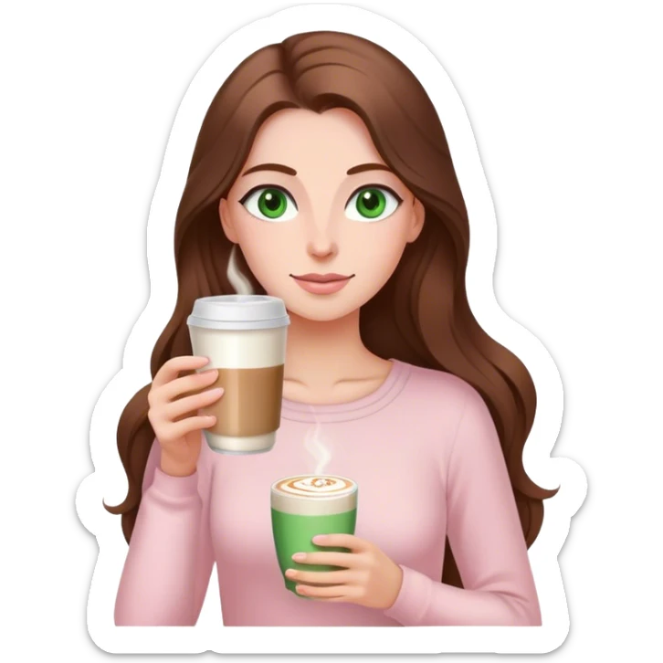pretty woman with very long brown hair and green eyes and light pink outfit drinking a latte sticker