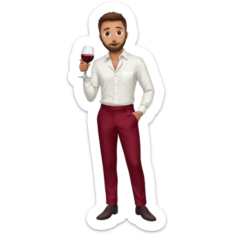 Anwar Jibawi with dark brown hair, white dress shirt, wine red silk pants sticker
