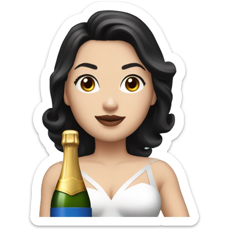 White girl in a superwoman costume with black hair and a champagne bottle sticker