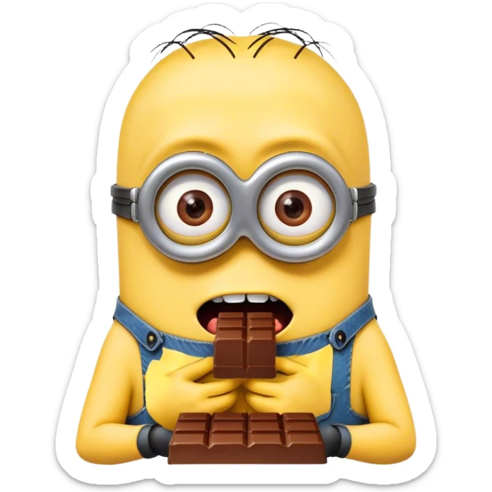 can you do me an emoji of a minion eating chocolate  - hes really enjoying it with a crazed look in his eyes sticker