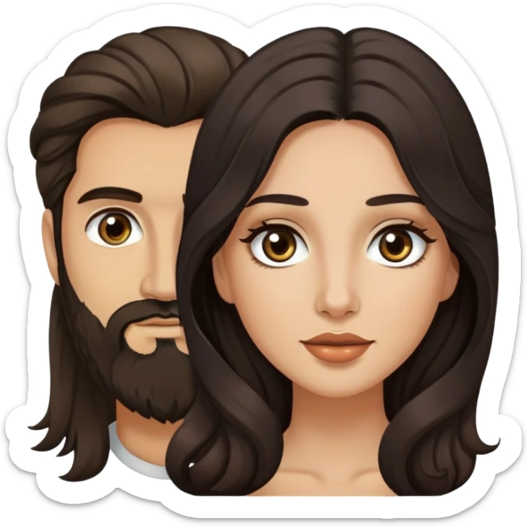 woman with olive skin, brown eyes and long lashes, and long black wavy hair with pale skinned hazel eyed man with brown hair and beard sticker