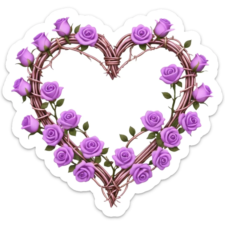 heart shape made out of barb wire vines with purple roses with tiny pastel pink-white-gold crystals hanging  sticker