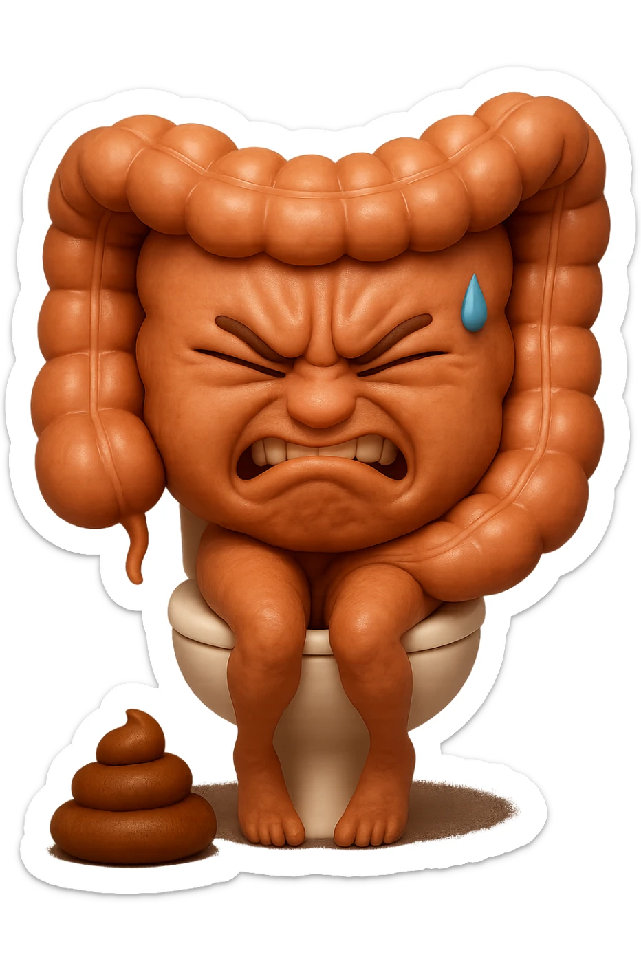 SU QUESTO STILE FAI UN EMOJI STILE IPHONE 3D DI UN INTESTINO CHE sta seduto sul wc e davanti ha una montagnetta di feci a palline stile emoji iphone, fallo senza naso e FAGLI UN ESPRESSIONE di dolore mentre si sforza E FALLO MOLTO REALISTICO IN 3D sticker