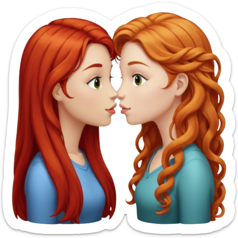 two girls kissing, one with long straight red hair, the other with long curly blonde hair sticker