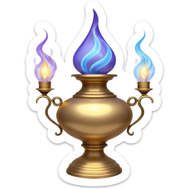 mystical fantasy illustration of a powerful jinn emerging from an ancient golden lamp. Glowing blue and purple smoke spirals upward in a smooth circular motion, creating the illusion of a looping animation.  sticker