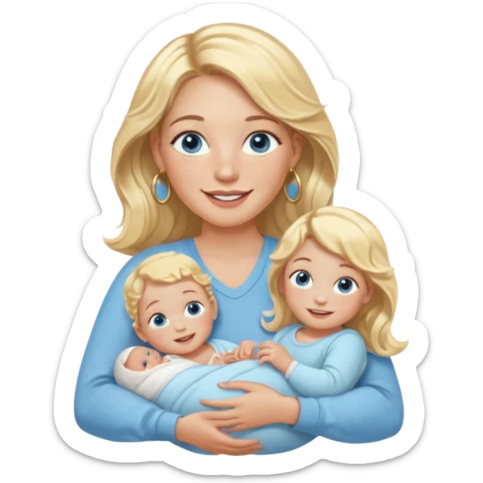 Wavy blonde, white woman with blue eyes, freckles hoop earrings, holding babies smiling and really cute in gold hoops she needs to be holding three newborns, and she needs to be more cute than pretty sticker