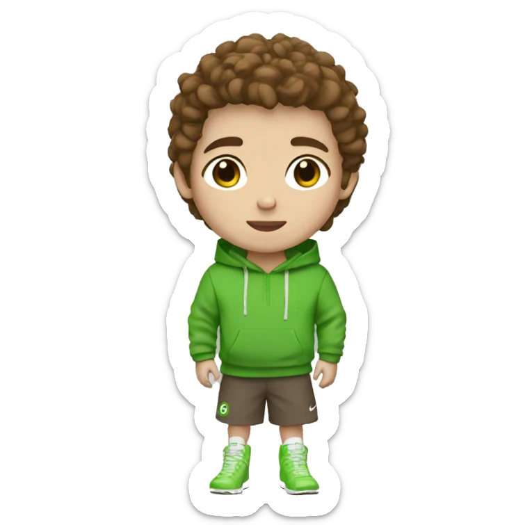 Boy White skin and some freckles, brown eyes brown hair with a green nike hoodie sticker