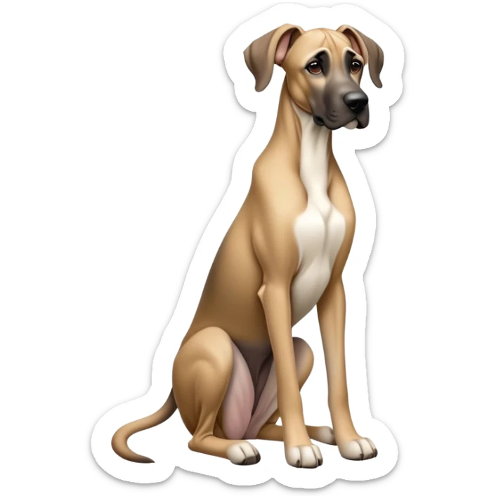 cinematic-[fawn great dane]-realistic-full-body-sitting-emoji,-tail-resting-loosely-beside-its-paws,-head-tilted-dramatically, ears drooped, -sleek-[fawn]-fur,-simplified-yet-realistic-focused-features,-highly-detailed,-glowing-with-an-almost-sarcastic-glow sticker