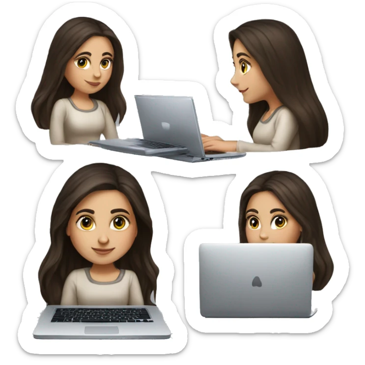 Hyperrealistic Beautiful Armenian girl, brunette, long hair, Black eyes, typing on laptop sticker