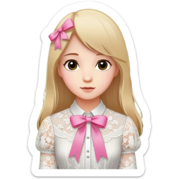  A girl with straight hair, a pink ribbon in her hair, and a white lace blouse, standing in a blooming garden. sticker