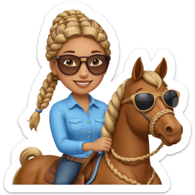 happy woman with braided hair and sunglasses, on a horse, friendly and easy to recognize emoji sticker
