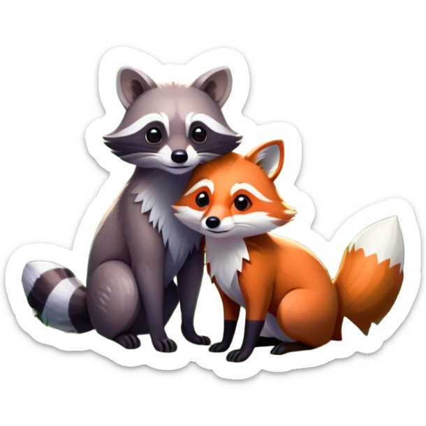 Collage of a raccoon and a fox, in close-up, surrounded by a colorful forest with rich green trees, thick bushes, and vibrant foliage. Sunlight peeks through the branches, casting warm light on the animals. A lively, natural setting with a transparent background. sticker