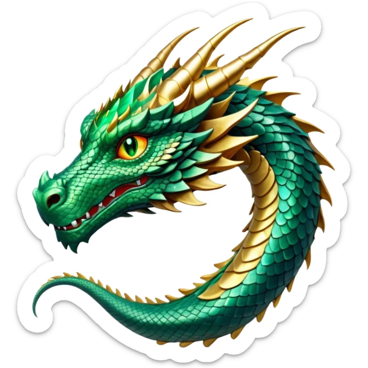 cinematic-noble-dragon-portrait-emoji,-poised-and-majestic,-with-a-sinuous,-elongated-body-covered-in-intricately-detailed,-shimmering-scales-in-hues-of-emerald-and-gold,-and-piercing,-fiery-eyes-that-reflect-ancient-wisdom; sticker