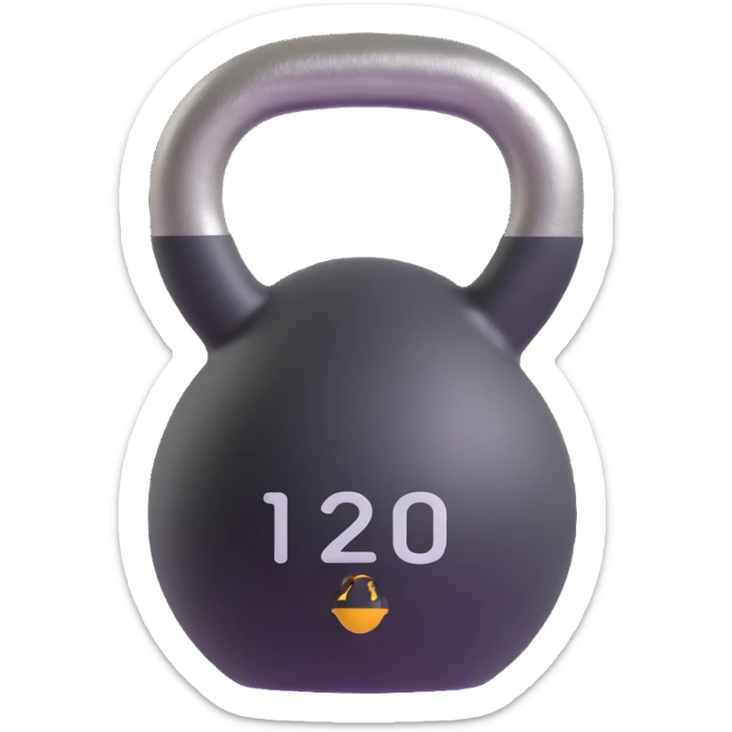 Heavy kettlebell with the inscription 120, floating in the air, with prominent details sticker