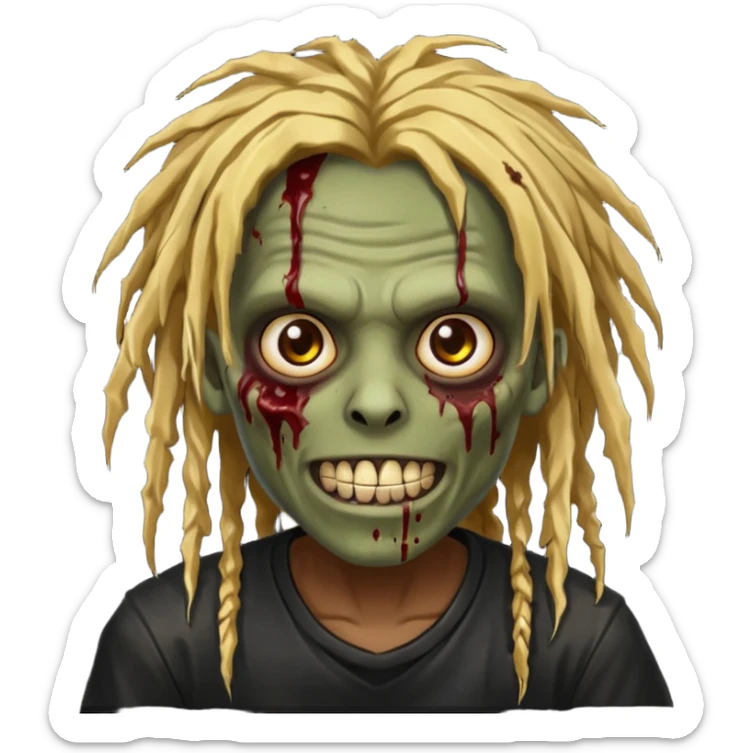 zombie with brown skin, messy gold dreads hair, wide centered brown eyes, dark bloody marks under the eyes, and a smile showing shiny metal teeth,black shirt, giving a distressed, undead look. sticker