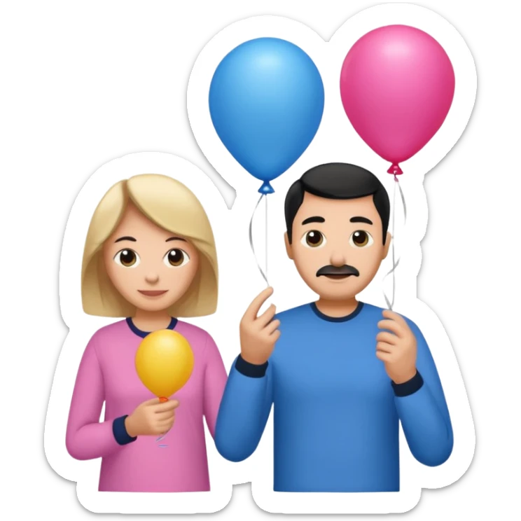 Mom in pink shirt dad in blue shirt holding 1 baloon black sticker