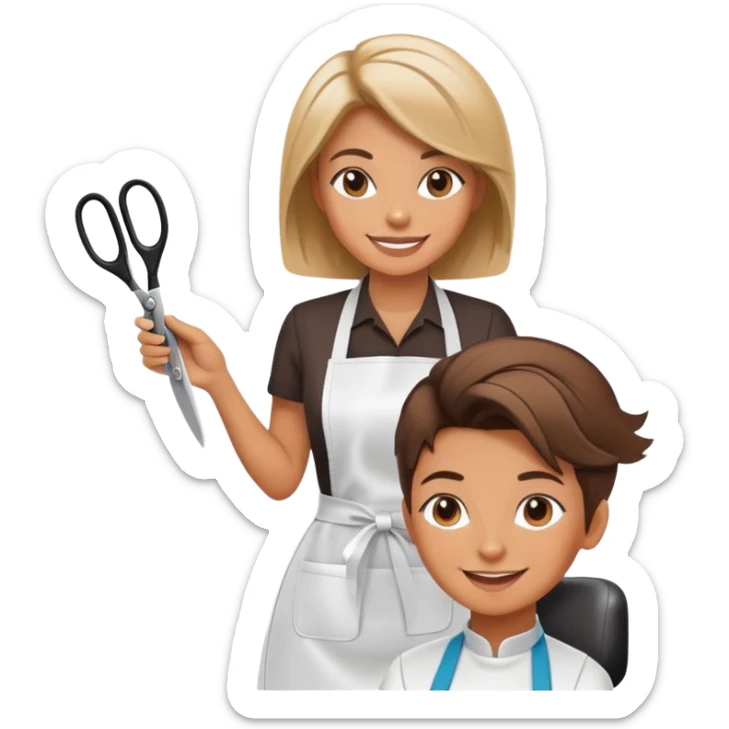 smiling woman in apron sitting in salon chair, smiling female hairstylist behind her with scissors sticker