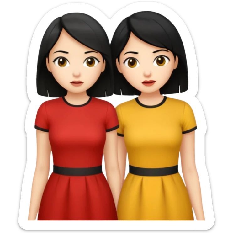 2 girls gossiping secretly. both are fair and have black hair. One has short hair and is tan, one has long hair and is fair. One is wearing yellow, one is wearing red sticker