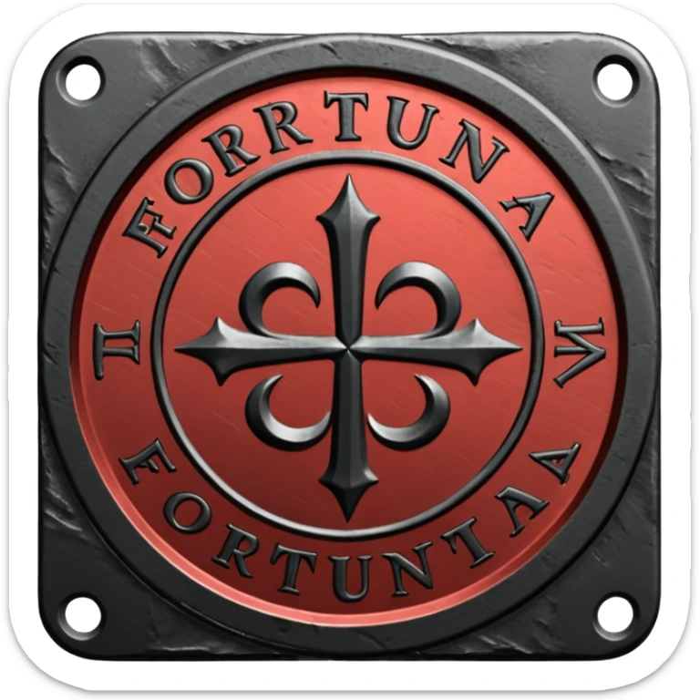 Minimal emoji, gothic metal coin made of black steel, engraved word FORTUNA at the center, ancient industrial aesthetic, worn metal texture, no glow, no neon, flat emoji design, centered, transparent background sticker