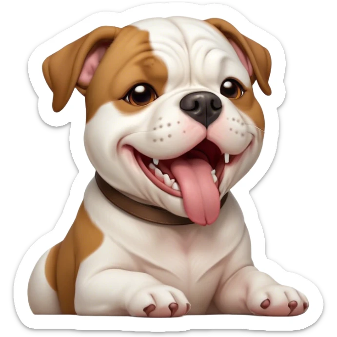 Cinematic Cute Yawning White and Brown American Bulldog Portrait Emoji, Head tilted slightly with a dramatic, wide-open yawn, soft white fur with bold brown patches, floppy ears slightly drooping, round brown eyes barely open in drowsy contentment, Simplified yet irresistibly adorable features, highly detailed, glowing with a soft, cozy glow, high shine, relaxed yet expressive, stylized with a touch of whimsy, bright and endearing, soft glowing outline, capturing the essence of a sleepy yet affectionate pup, so drowsy it feels like it could stretch right out of the screen and curl up for a nap! sticker