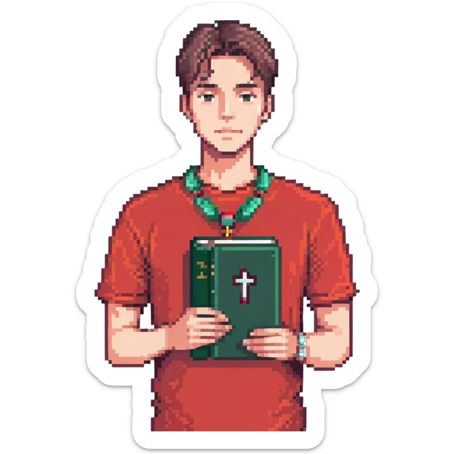 man with clean haircut, wearing a red shirt and cross necklace, holding a book sticker