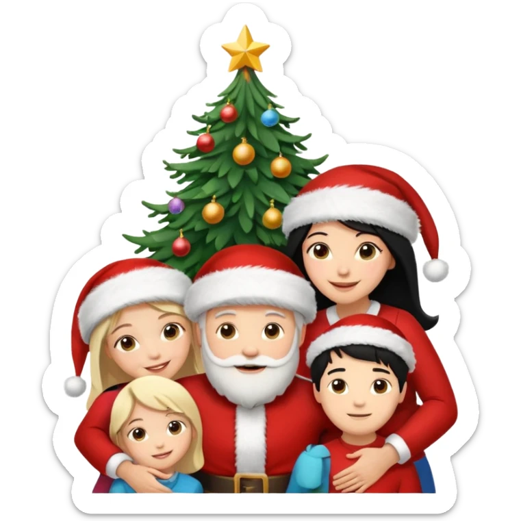 Generate Christmas-style emojis  family. Where light-skinned people stand near the tree all together, hugging and smiling.  girl should be Light-haired woman, woman, black-haired woman, and 1 man . Add 4 people: Mother, Sister, Sister, Brother  sticker