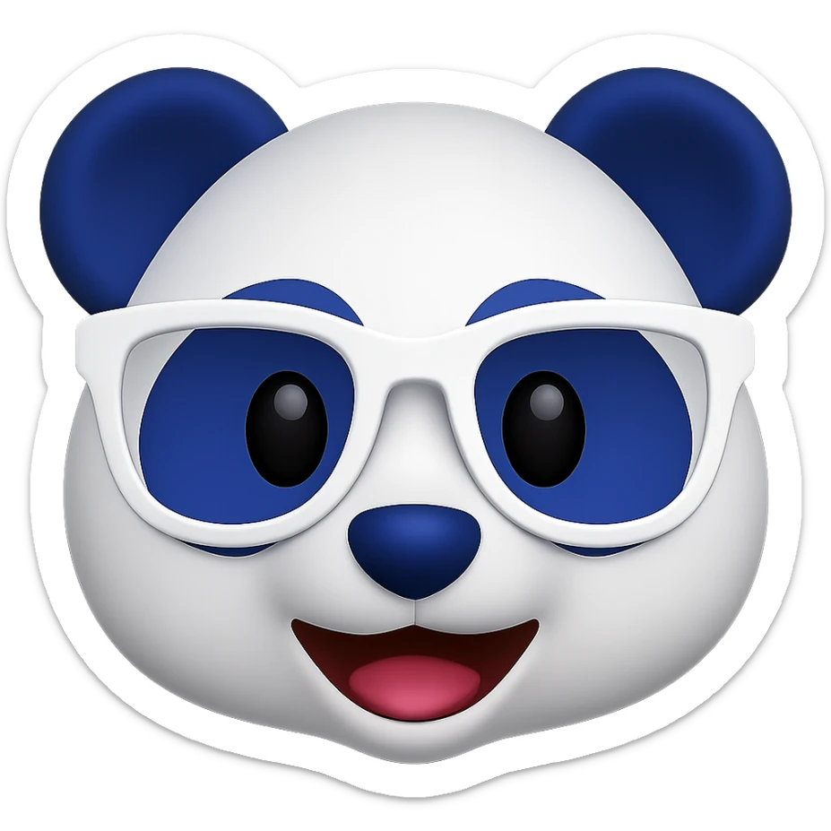 Create a 3D emoji of a panda face inspired by the classic panda emoji style but with a white and #002FA7 blue color scheme instead of white and black. The panda should wear stylish white designer glasses. Keep the look playful and modern, with a smooth 3D finish and no background. The style should resemble a smooth 3D emoji look. sticker